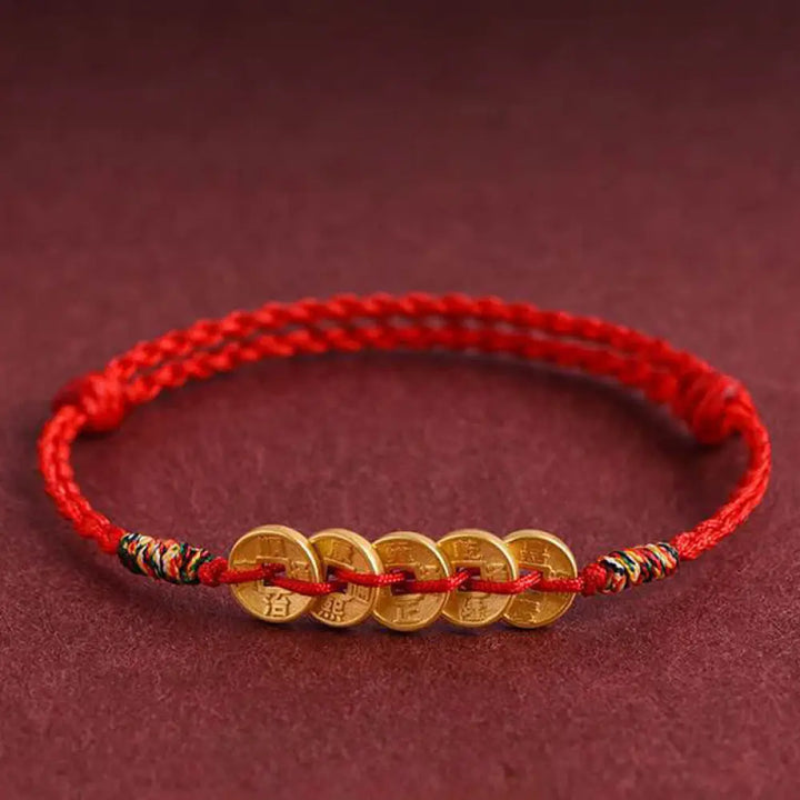 BWOOOH Five Copper Coins Design Braided String Protection