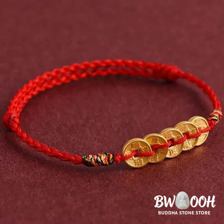 Buddha Stones Five Copper Coins Design Braided String Protection Bracelet Anklet - Bracelet Anklet