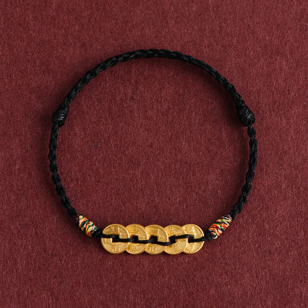 Buddha Stones Five Copper Coins Design Braided String Protection Bracelet Anklet - Black Bracelet - Bracelet Anklet