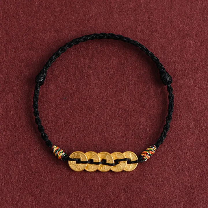 Buddha Stones Five Copper Coins Design Braided String Protection Bracelet Anklet - Black Bracelet - Bracelet Anklet