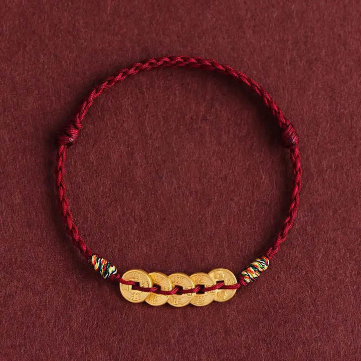 Buddha Stones Five Copper Coins Design Braided String Protection Bracelet Anklet - DarkRed Bracelet - Bracelet Anklet