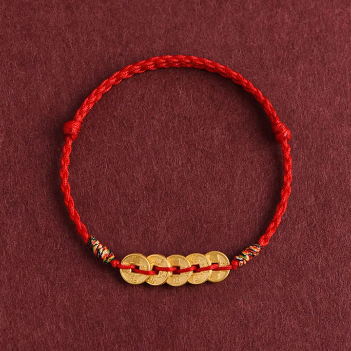 Buddha Stones Five Copper Coins Design Braided String Protection Bracelet Anklet - Red Bracelet - Bracelet Anklet