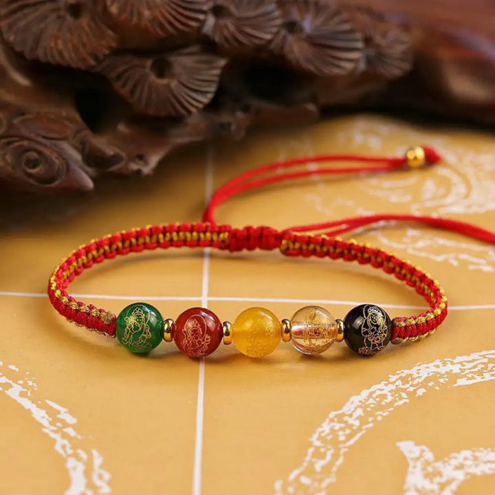 Buddha Stones Five Directions Gods of Wealth Agate Handmade Protection String Braid Bracelet - BWOOOH - Red Gold