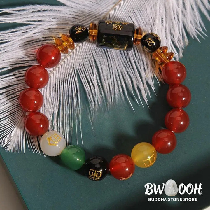 Buddha Stones Five Elements Black Onyx Red Agate Wisdom Wealth Bracelet - BWOOOH - Bracelet
