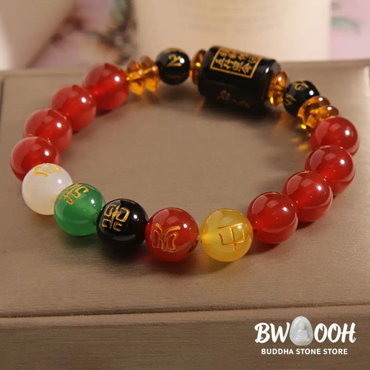 Buddha Stones Five Elements Black Onyx Red Agate Wisdom Wealth Bracelet - BWOOOH - Bracelet