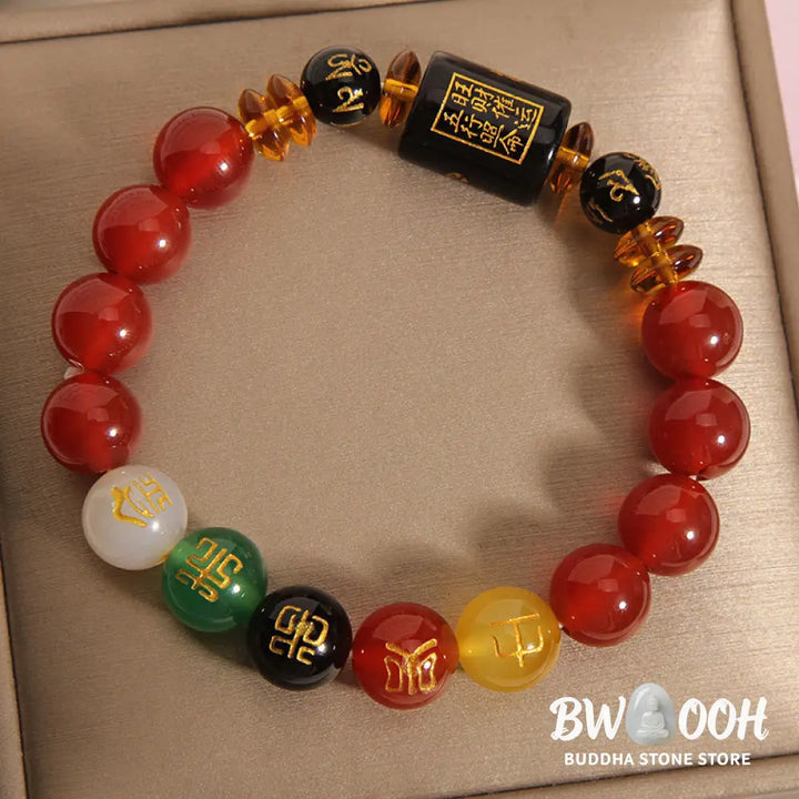 Buddha Stones Five Elements Black Onyx Red Agate Wisdom Wealth Bracelet - BWOOOH - Bracelet