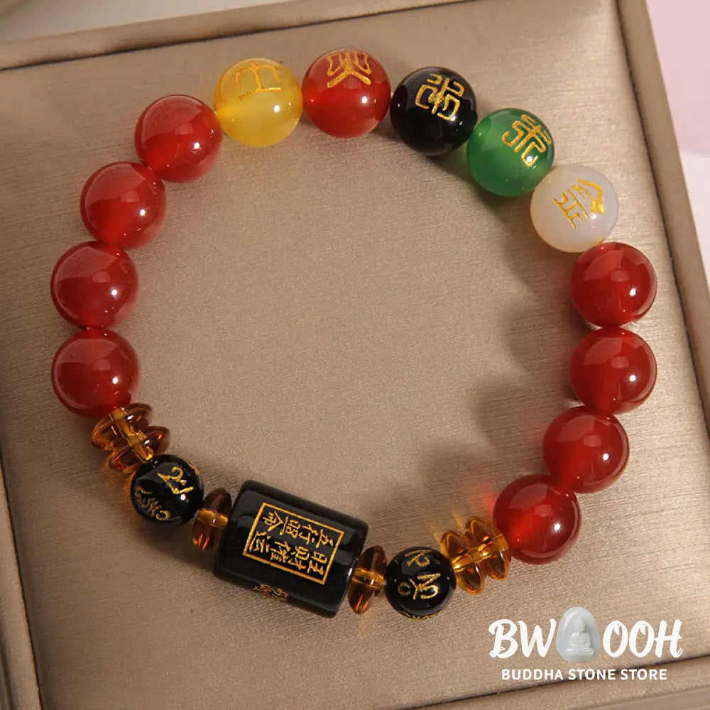 Buddha Stones Five Elements Black Onyx Red Agate Wisdom Wealth Bracelet - BWOOOH - Bracelet