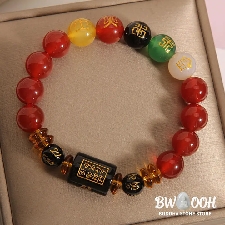 Buddha Stones Five Elements Black Onyx Red Agate Wisdom Wealth Bracelet - BWOOOH - Bracelet