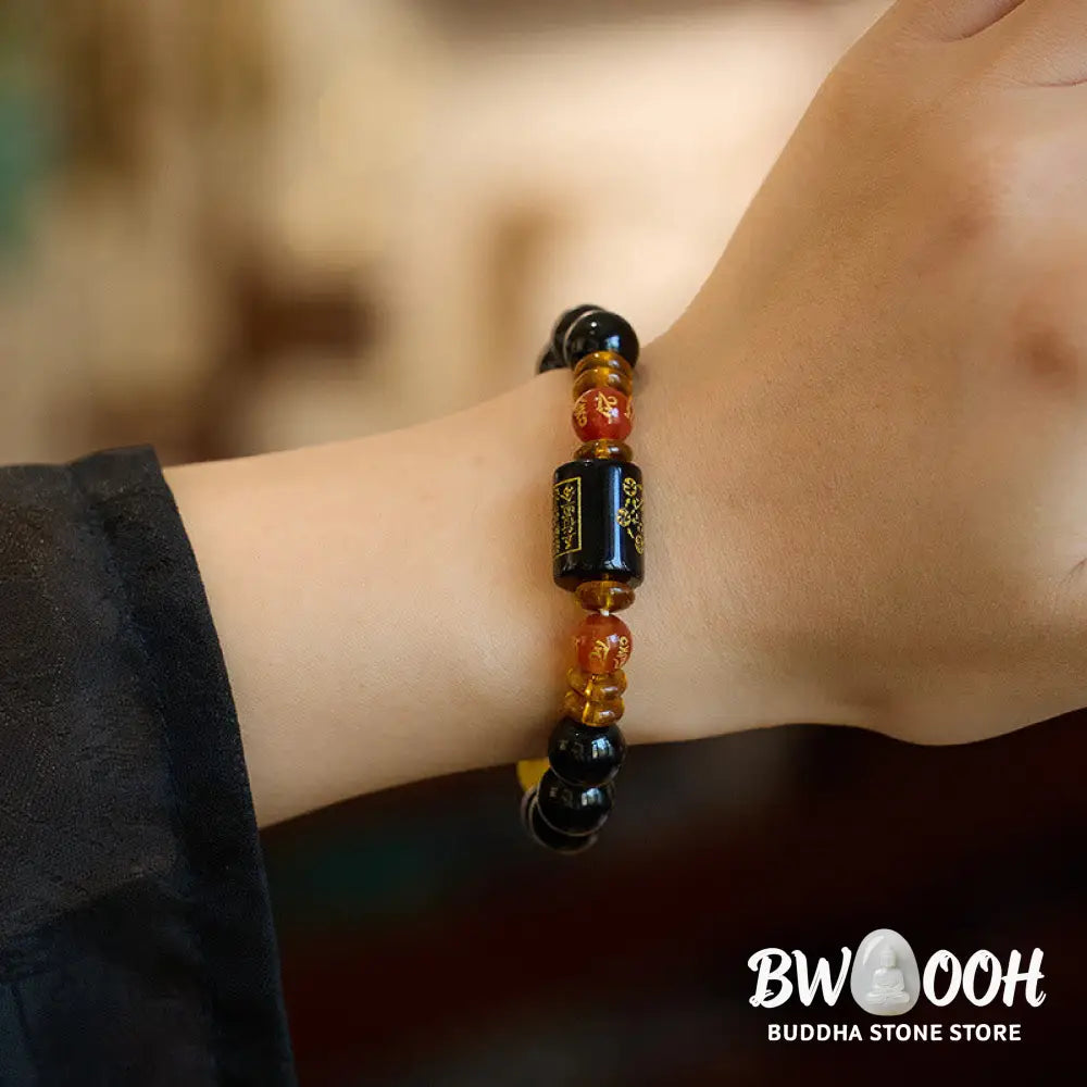 Buddha Stones Five Elements Black Onyx Red Agate Wisdom Wealth Bracelet - BWOOOH - Bracelet