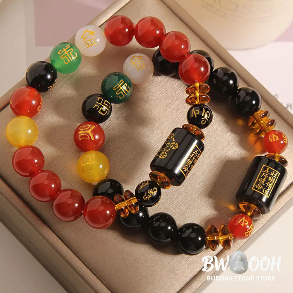 Buddha Stones Five Elements Black Onyx Red Agate Wisdom Wealth Bracelet - BWOOOH - Bracelet