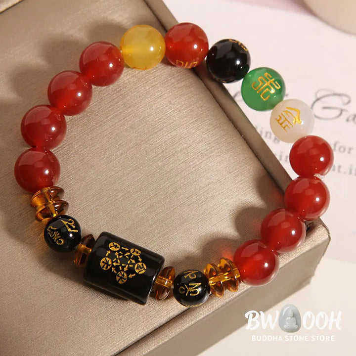 Buddha Stones Five Elements Black Onyx Red Agate Wisdom Wealth Bracelet - BWOOOH - Bracelet