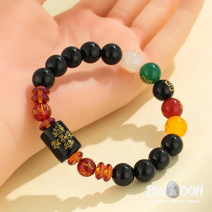 Buddha Stones Five Elements Black Onyx Red Agate Wisdom Wealth Bracelet - BWOOOH - Bracelet