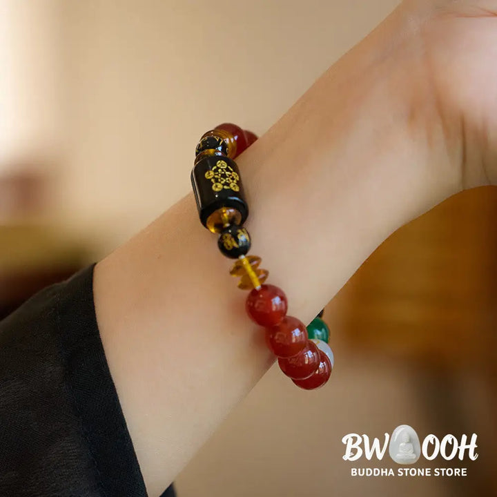 Buddha Stones Five Elements Black Onyx Red Agate Wisdom Wealth Bracelet - BWOOOH - Bracelet