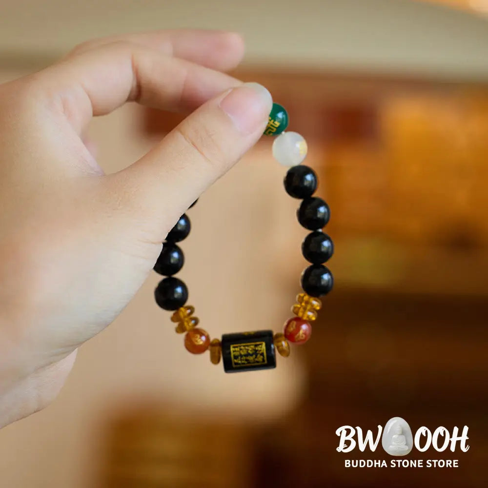 Buddha Stones Five Elements Black Onyx Red Agate Wisdom Wealth Bracelet - BWOOOH - Bracelet