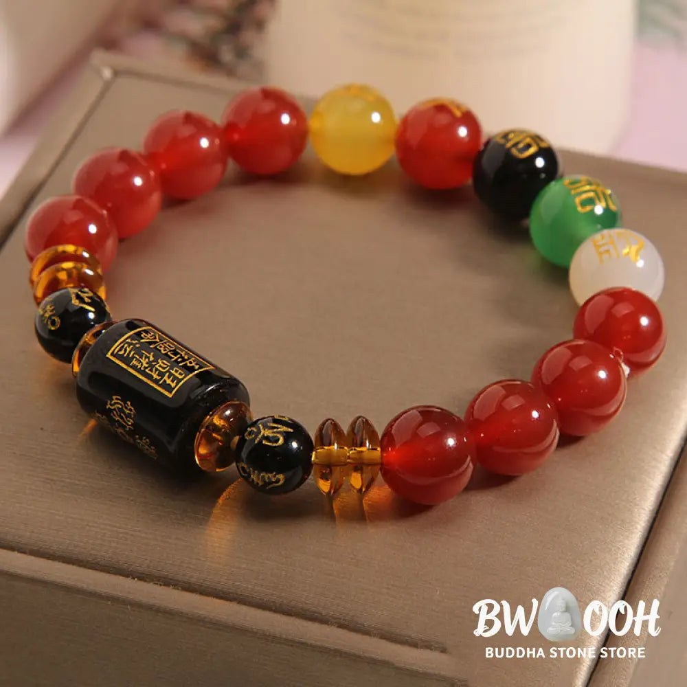 Buddha Stones Five Elements Black Onyx Red Agate Wisdom Wealth Bracelet - BWOOOH - Bracelet