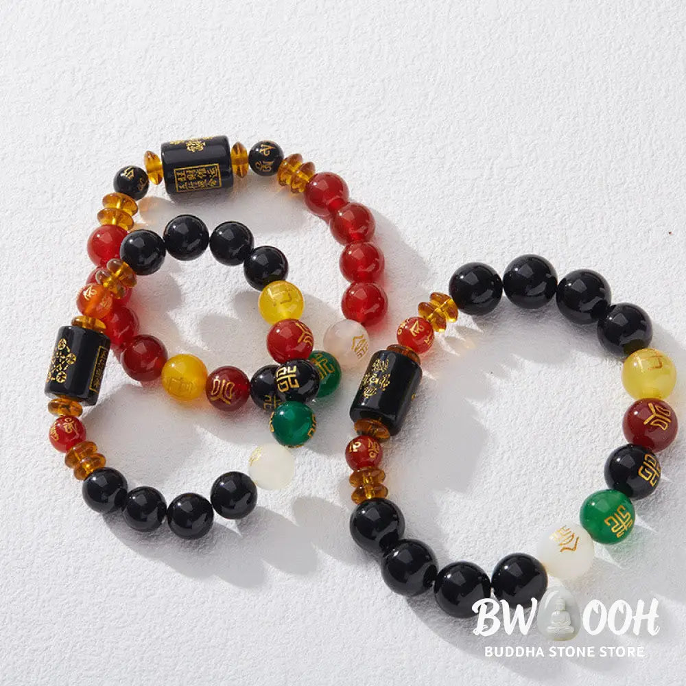 Buddha Stones Five Elements Black Onyx Red Agate Wisdom Wealth Bracelet - BWOOOH - Bracelet