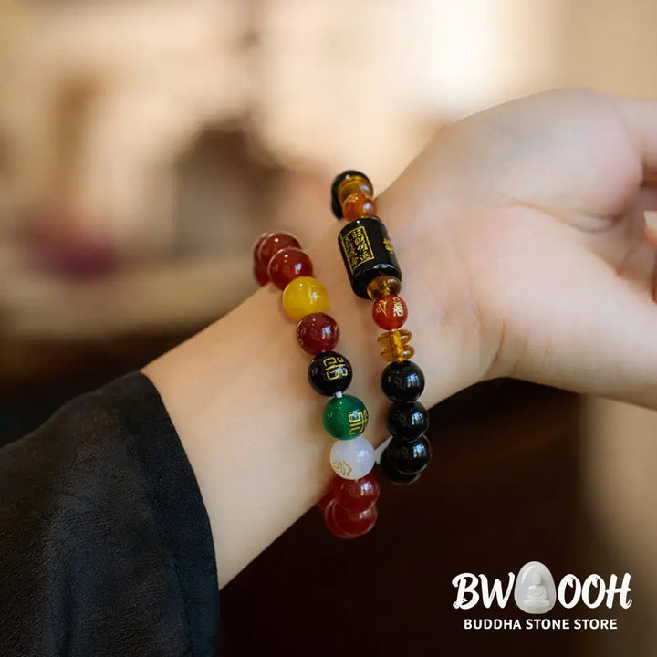 Buddha Stones Five Elements Black Onyx Red Agate Wisdom Wealth Bracelet - BWOOOH - Bracelet