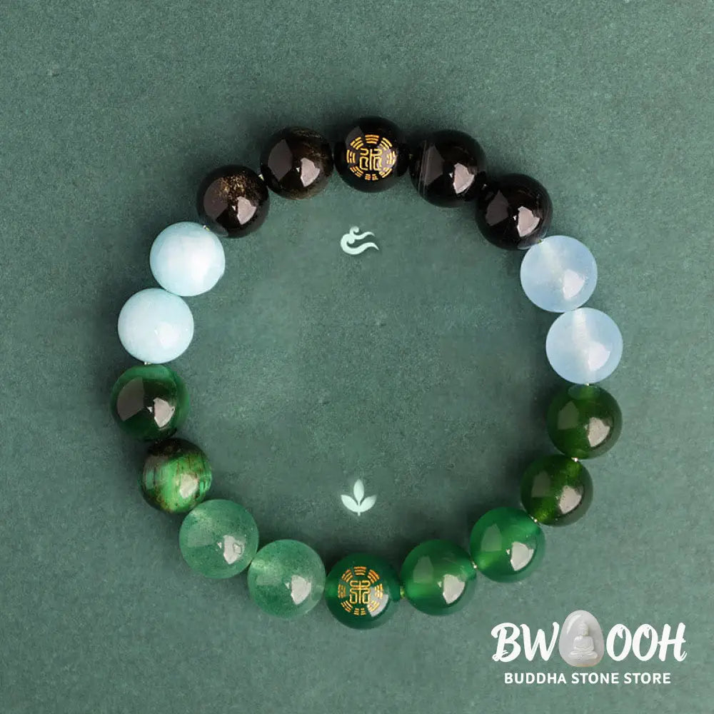 Buddha Stones Five Elements Various Agate Crystal Black Onyx Green Chalcedony Aquamarine Wisdom Bracelet - BWOOOH