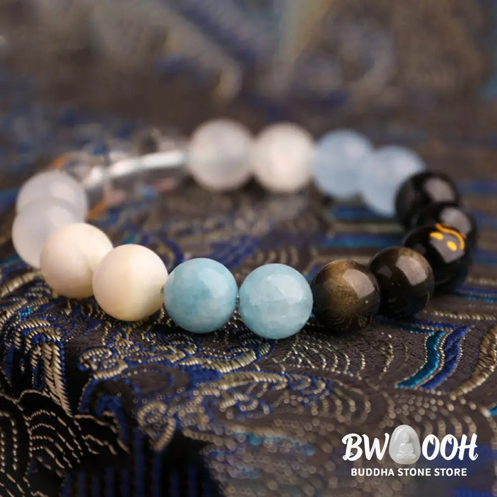 Buddha Stones Five Elements Various Agate Crystal Black Onyx Green Chalcedony Aquamarine Wisdom Bracelet - BWOOOH
