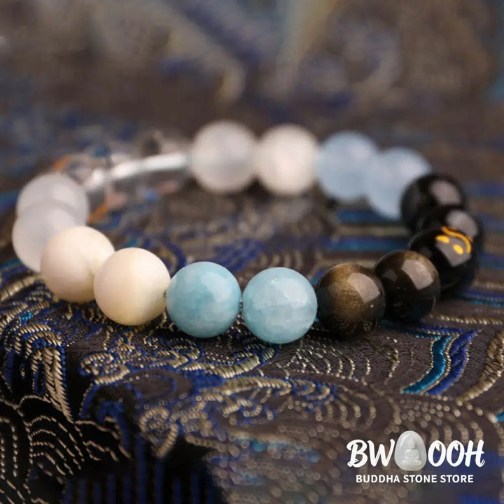 Buddha Stones Five Elements Various Agate Crystal Black Onyx Green Chalcedony Aquamarine Wisdom Bracelet - BWOOOH