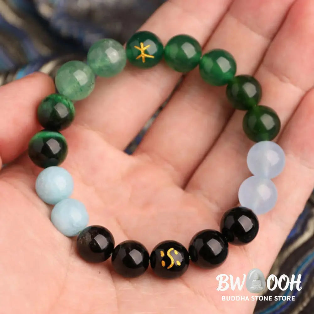 Buddha Stones Five Elements Various Agate Crystal Black Onyx Green Chalcedony Aquamarine Wisdom Bracelet - BWOOOH