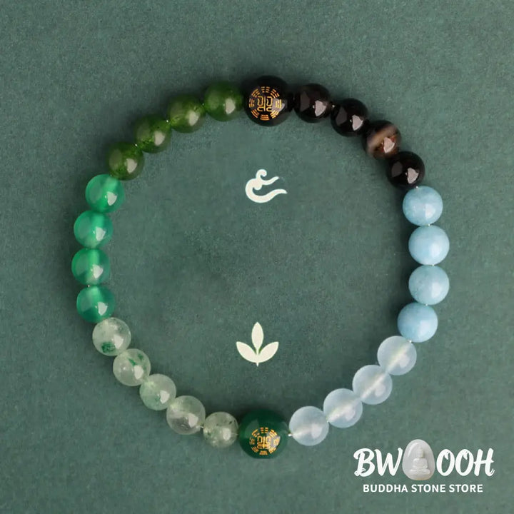 Buddha Stones Five Elements Various Agate Crystal Black Onyx Green Chalcedony Aquamarine Wisdom Bracelet - BWOOOH