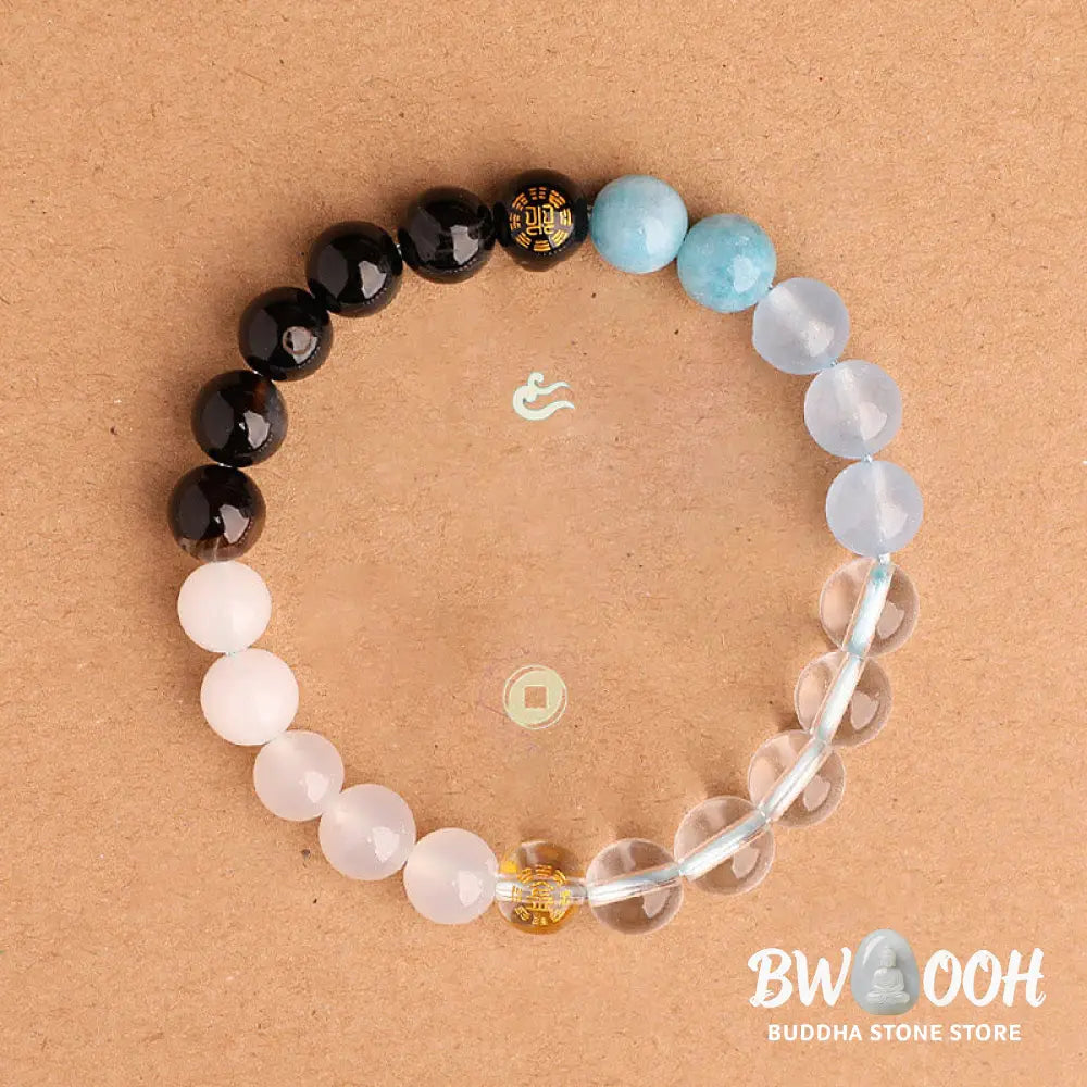 Buddha Stones Five Elements Various Agate Crystal Black Onyx Green Chalcedony Aquamarine Wisdom Bracelet - BWOOOH