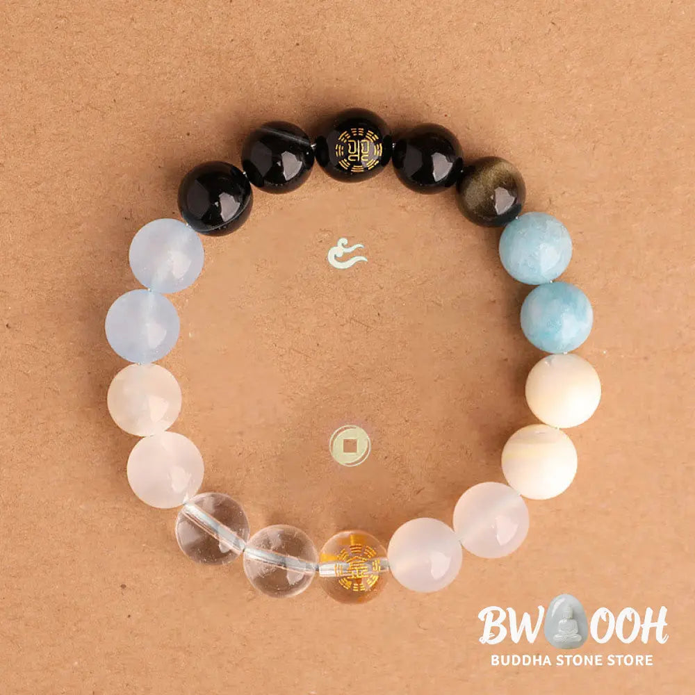 Buddha Stones Five Elements Various Agate Crystal Black Onyx Green Chalcedony Aquamarine Wisdom Bracelet - BWOOOH