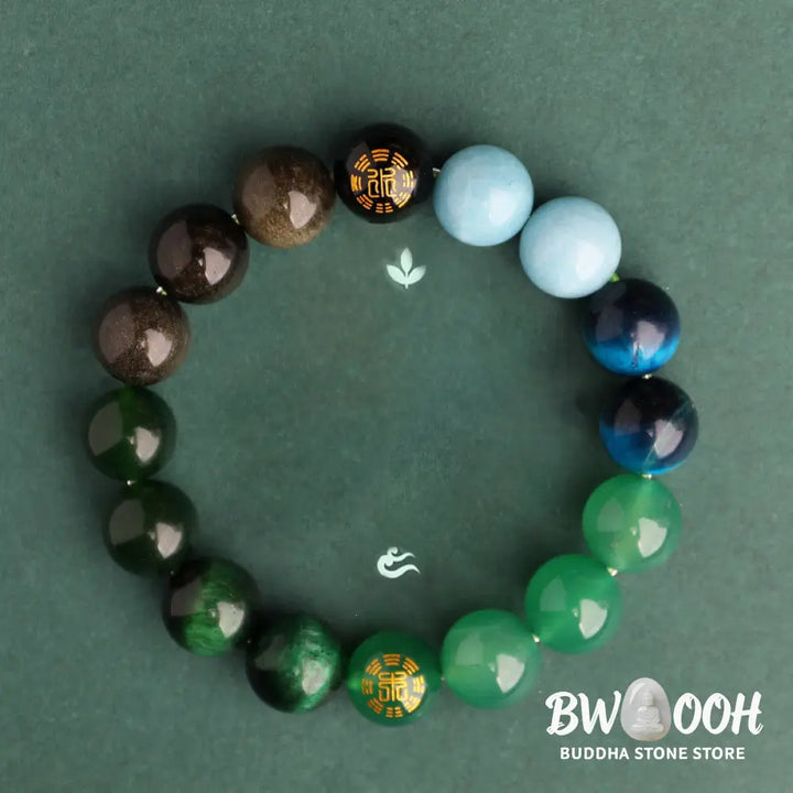Buddha Stones Five Elements Various Agate Crystal Black Onyx Green Chalcedony Aquamarine Wisdom Bracelet - BWOOOH