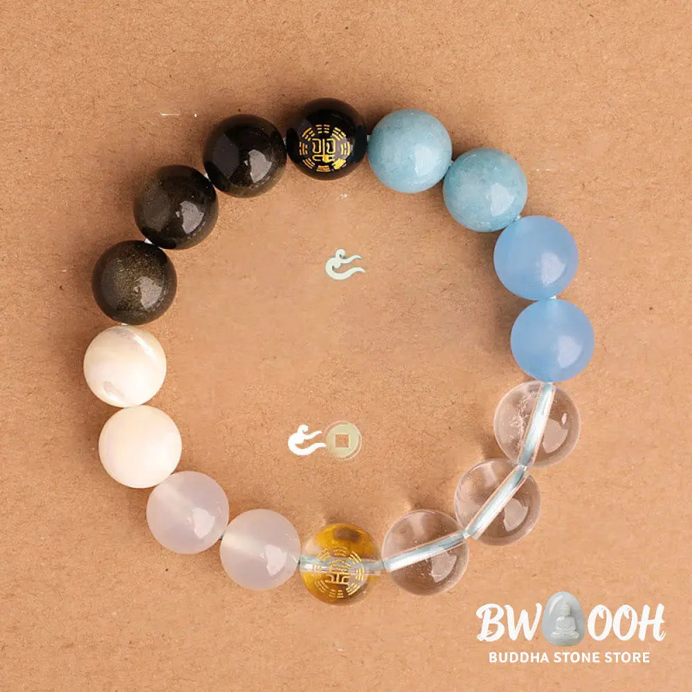 Buddha Stones Five Elements Various Agate Crystal Black Onyx Green Chalcedony Aquamarine Wisdom Bracelet - BWOOOH