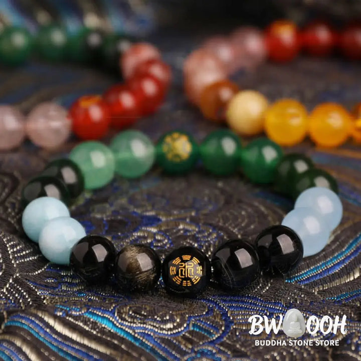 Buddha Stones Five Elements Various Agate Crystal Black Onyx Green Chalcedony Aquamarine Wisdom Bracelet - BWOOOH
