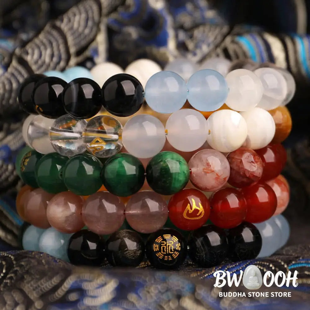 Buddha Stones Five Elements Various Agate Crystal Black Onyx Green Chalcedony Aquamarine Wisdom Bracelet - BWOOOH