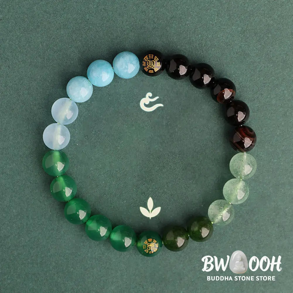 Buddha Stones Five Elements Various Agate Crystal Black Onyx Green Chalcedony Aquamarine Wisdom Bracelet - BWOOOH