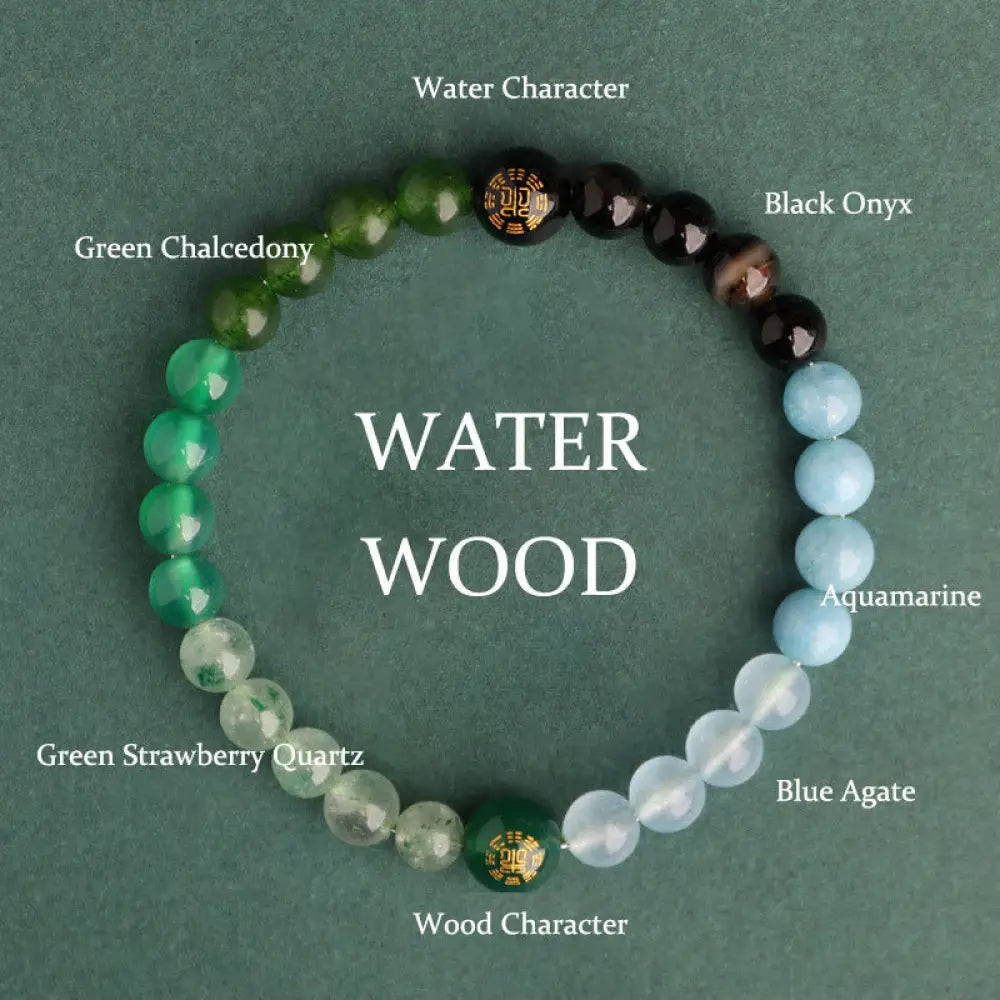 Buddha Stones Five Elements Various Agate Crystal Black Onyx Green Chalcedony Aquamarine Wisdom Bracelet - BWOOOH