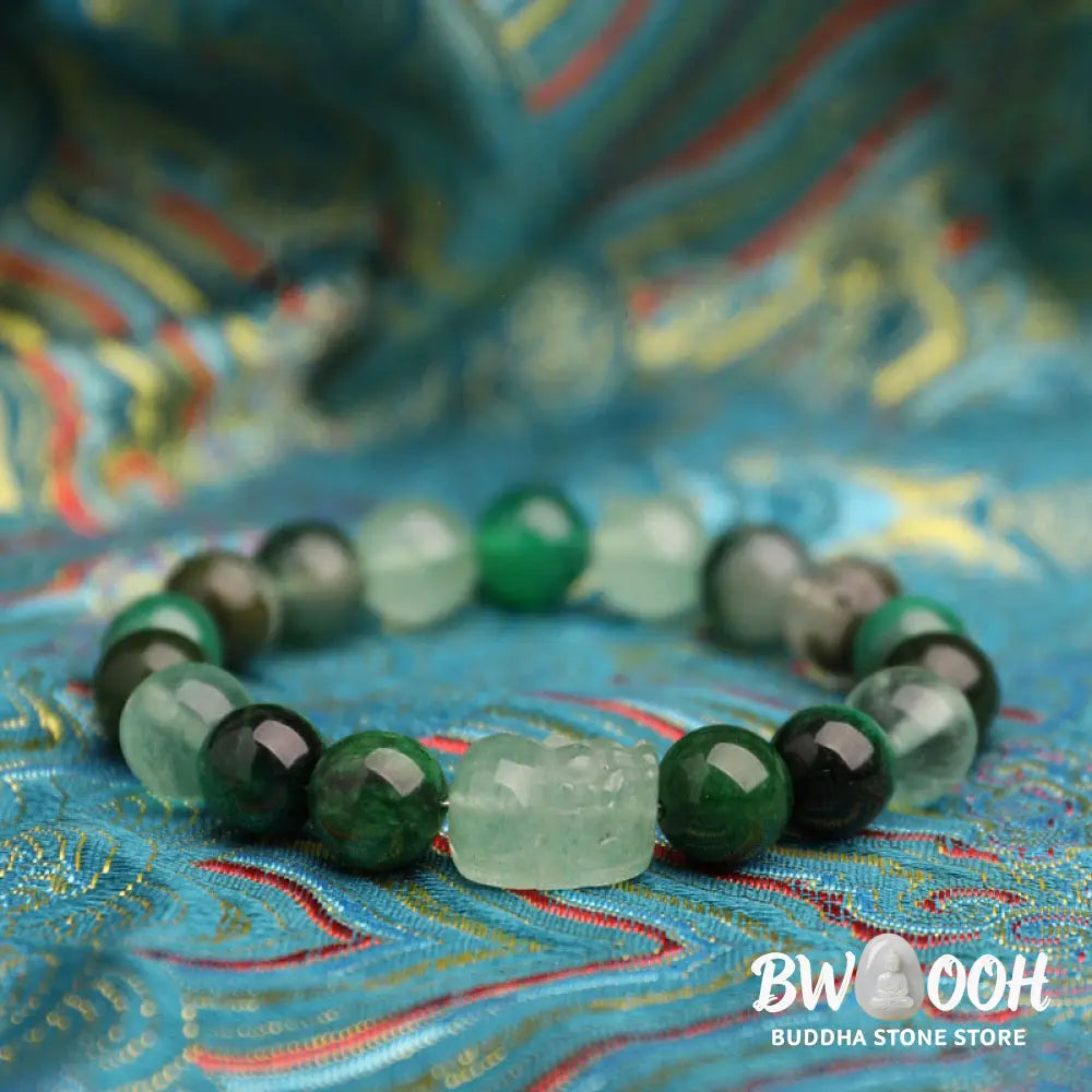Buddha Stones Five Elements Various Agate Crystal Green Strawberry Quartz Moss Agate Green Phantom Luck Bracelet