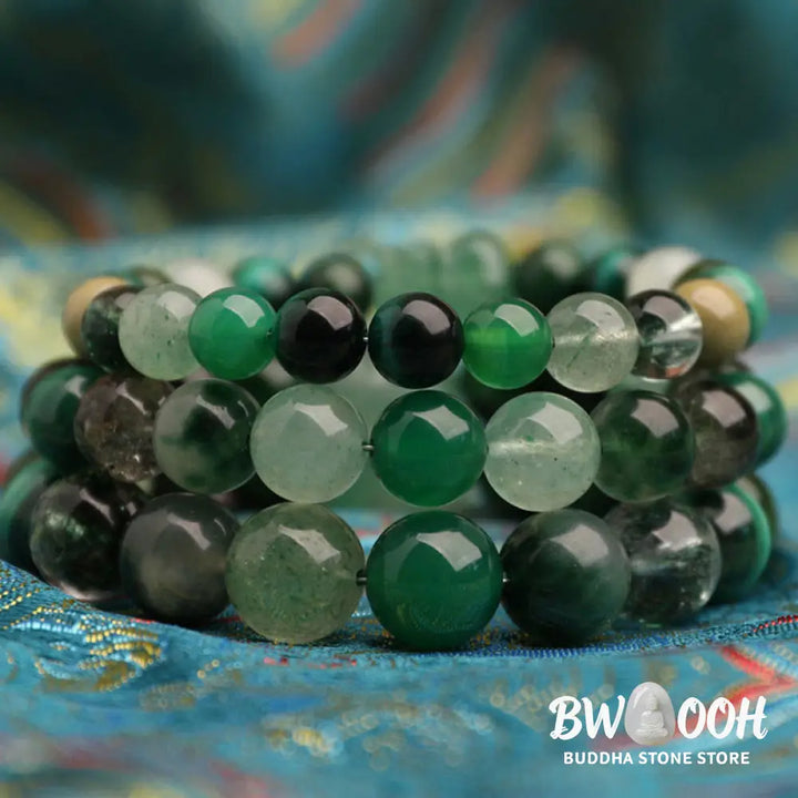Buddha Stones Five Elements Various Agate Crystal Green Strawberry Quartz Moss Agate Green Phantom Luck Bracelet