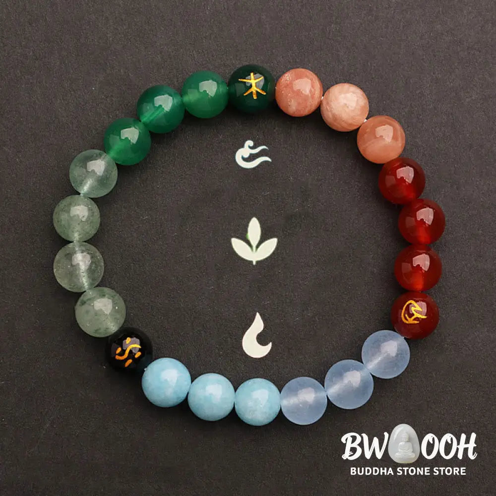 Buddha Stones Five Elements Various Agate Crystal Green Strawberry Quartz Sun Stone Wealth Bracelet - BWOOOH - Bracelet