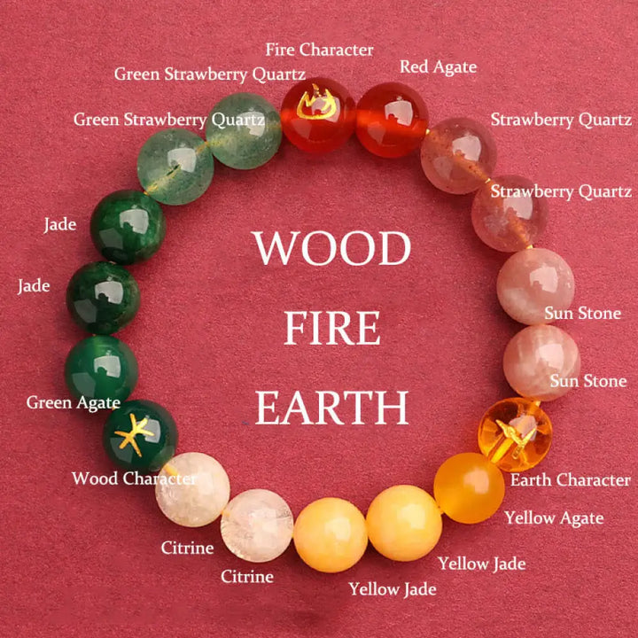 BWOOOH Five Elements Various Agate Crystal Green Strawberry Quartz Sun Stone Wealth Bracelet - BWOOOH - Fire