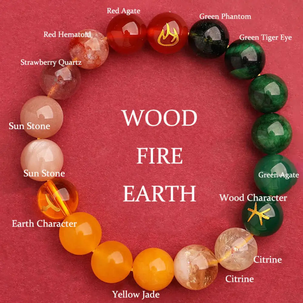 Buddha Stones Five Elements Various Agate Crystal Green Strawberry Quartz Sun Stone Wealth Bracelet - BWOOOH - Fire