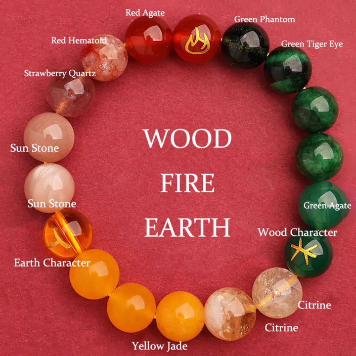 Buddha Stones Five Elements Various Agate Crystal Green Strawberry Quartz Sun Stone Wealth Bracelet - BWOOOH - Fire