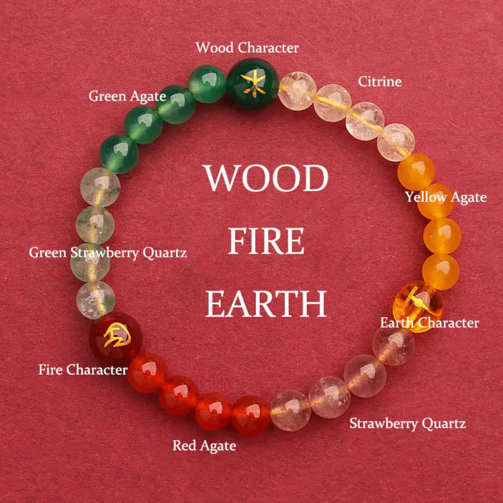 Buddha Stones Five Elements Various Agate Crystal Green Strawberry Quartz Sun Stone Wealth Bracelet - BWOOOH - Fire