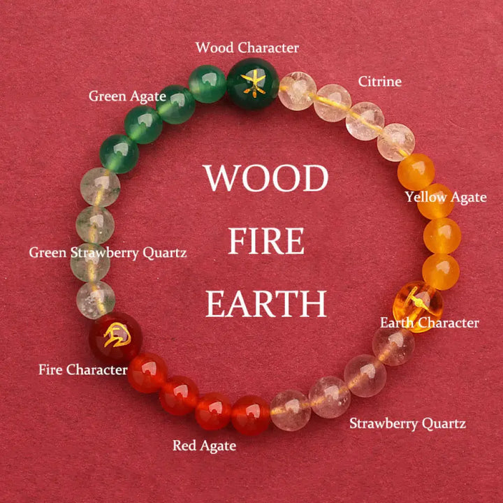 Buddha Stones Five Elements Various Agate Crystal Green Strawberry Quartz Sun Stone Wealth Bracelet - BWOOOH - Fire