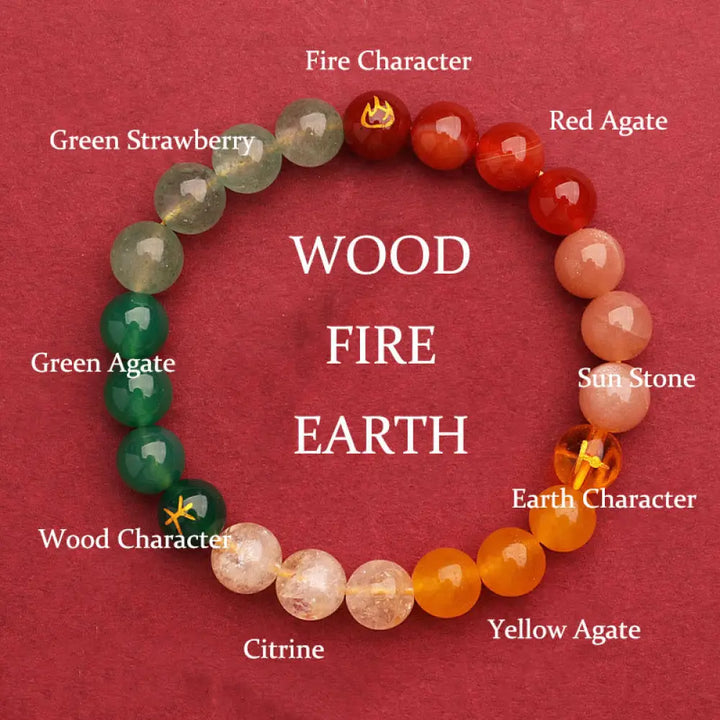 Buddha Stones Five Elements Various Agate Crystal Green Strawberry Quartz Sun Stone Wealth Bracelet - BWOOOH - Fire
