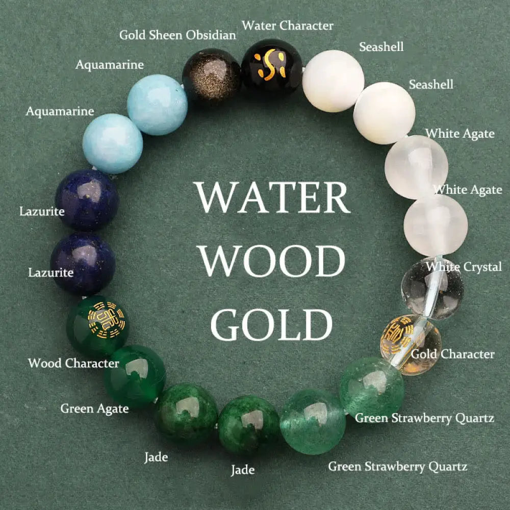 Buddha Stones Five Elements Various Agate Crystal Green Strawberry Quartz Sun Stone Wealth Bracelet - BWOOOH - Gold