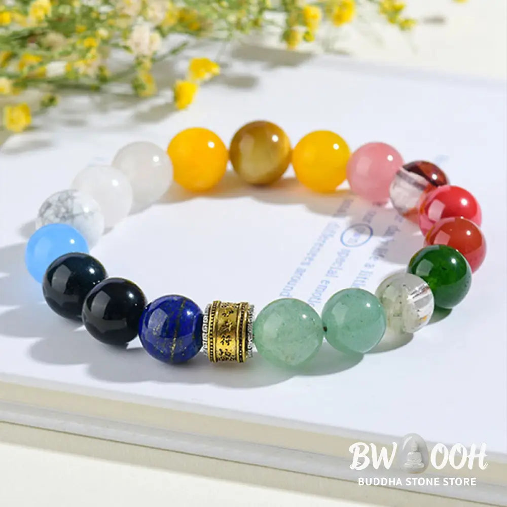 Buddha Stones Five Elements Various Agate Crystal Red Agate Gold Sheen Obsidian Yellow Agate Luck Bracelet - BWOOOH