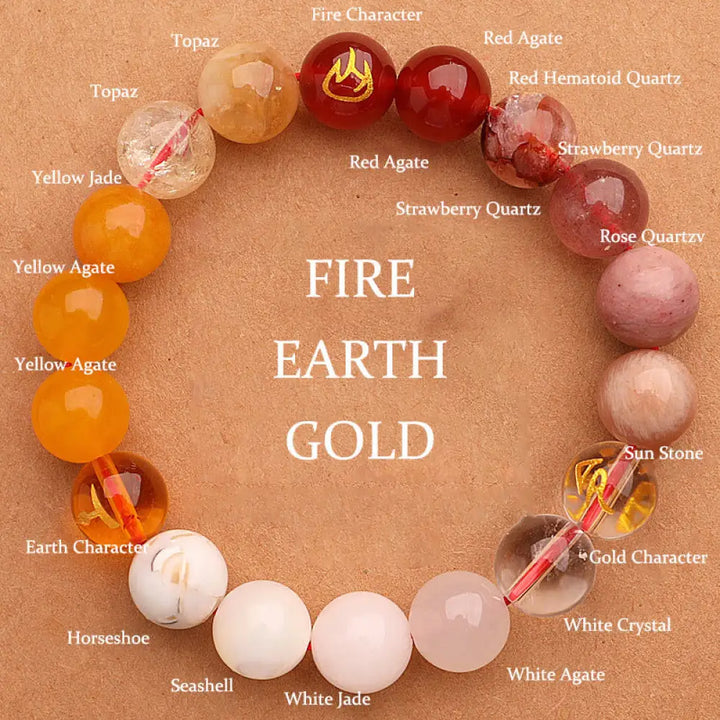 BWOOOH Five Elements Various Agate Crystal Sun Stone Wisdom Bracelet - BWOOOH - Fire Earth Gold(Wrist