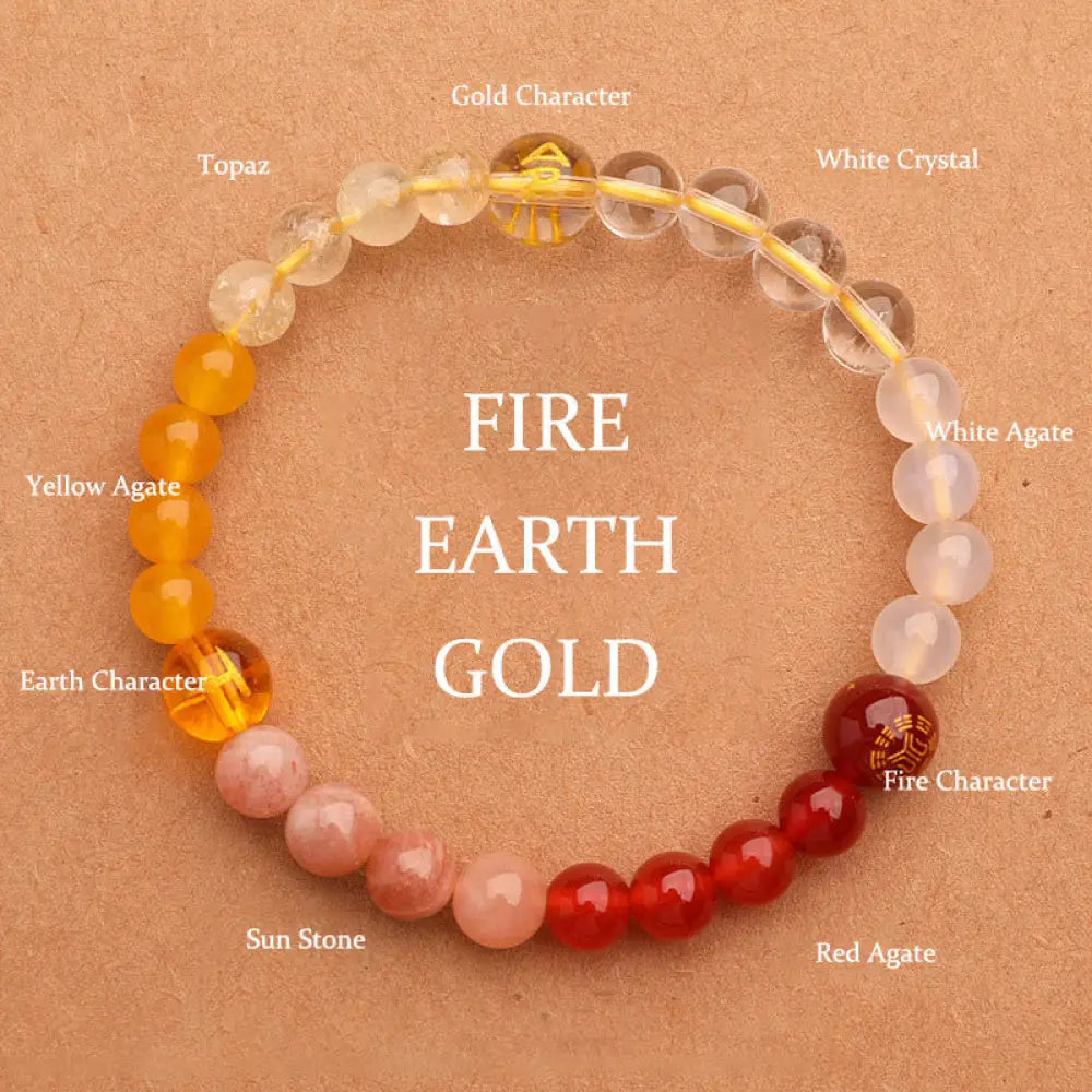 Buddha Stones Five Elements Various Agate Crystal Sun Stone Wisdom Bracelet - BWOOOH - Fire Earth Gold(Wrist