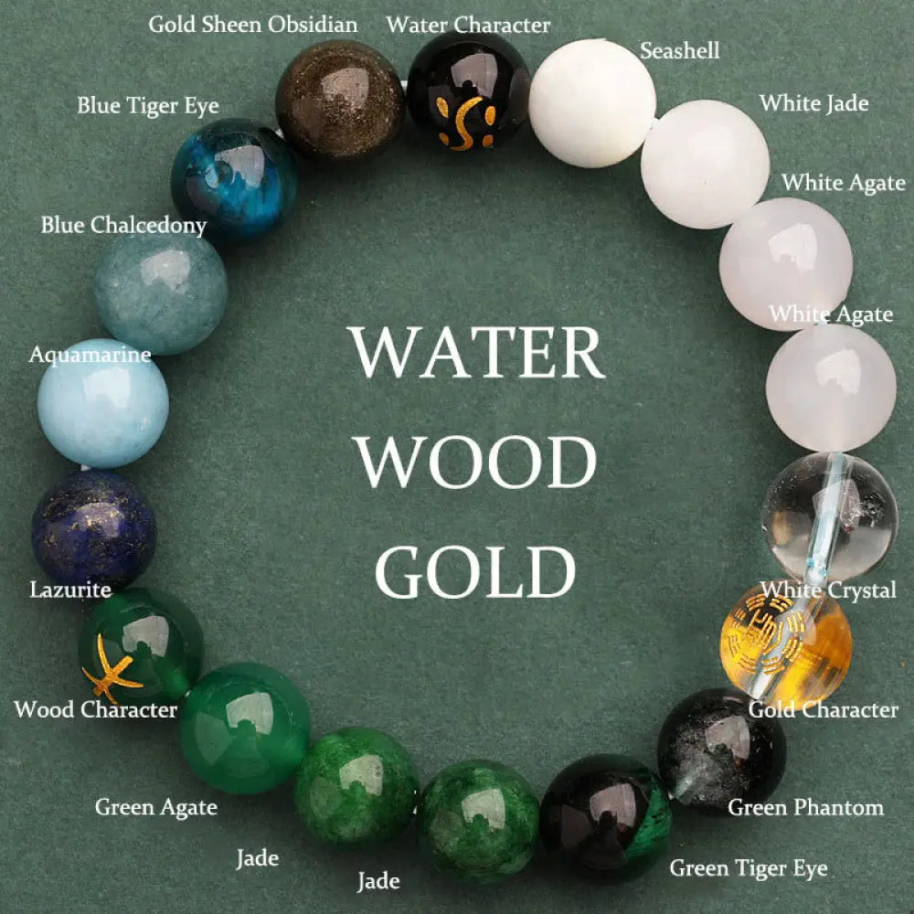 Buddha Stones Five Elements Various Agate Crystal Sun Stone Wisdom Bracelet - BWOOOH - Water Wood Gold(Wrist