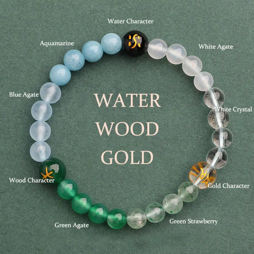 Buddha Stones Five Elements Various Agate Crystal Sun Stone Wisdom Bracelet - BWOOOH - Water Wood Gold(Wrist