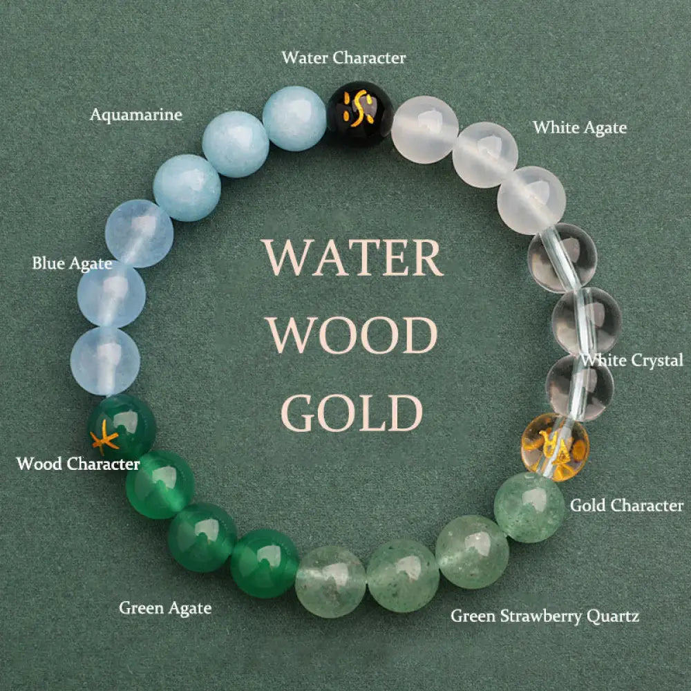 Buddha Stones Five Elements Various Agate Crystal Sun Stone Wisdom Bracelet - BWOOOH - Water Wood Gold(Wrist